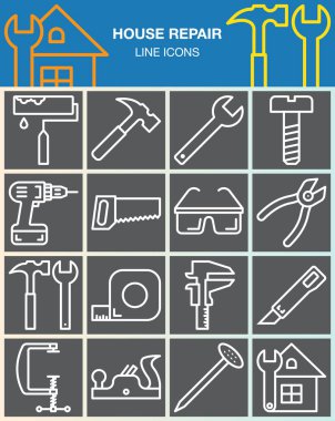 Ev onarım ve inşaat satır Icons set. El aletleri ev yenileme Anahat vektör simgesi toplama, doğrusal beyaz piktogram için izole üzerinde gri paketi. İşaretler, logo illüstrasyon