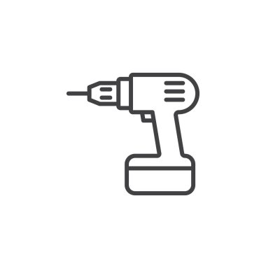 Elektrikli matkap, tornavida satırı simgesi, Anahat vektör işareti, doğrusal piktogram beyaz izole. Sembol, logo illüstrasyon