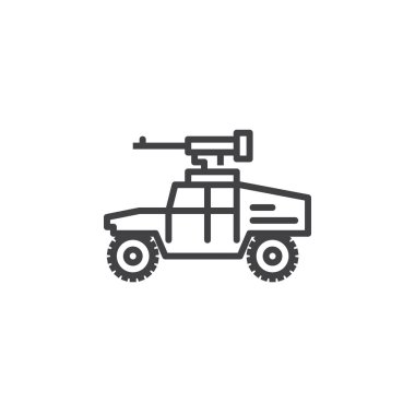 Araç monte makineli tüfek satırı simgesi, Anahat vektör işareti, doğrusal piktogram beyaz izole. Sembol, logo illüstrasyon