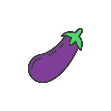 Patlıcan, patlıcan satırı simgesi, Anahat vektör işareti, üzerinde beyaz izole doğrusal renkli sembol dolu. Logo illüstrasyon