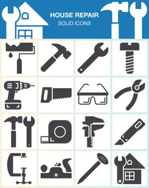 Ev onarım ve inşaat simgeler kümesi, el aletleri ev yenileme modern katı sembolü koleksiyonu, üzerinde beyaz izole dolu piktogram paketi için vektör. İşaretler, logo illüstrasyon