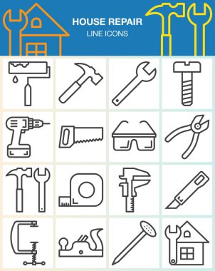 Ev onarım ve inşaat satır Icons set. El aletleri ev yenileme Anahat vektör simgesi toplama, doğrusal piktogram için izole üzerinde beyaz paketi. İşaretler, logo illüstrasyon
