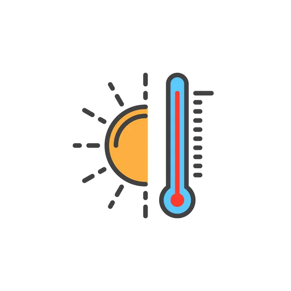 温度計と太陽線のアイコンいっぱいアウトライン ベクトル 線形のカラフルなピクトグラムを白で隔離に署名します 高温のシンボル ロゴの図 — ストックベクタ
