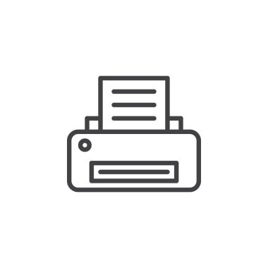 Yazıcı satırı simgesi, Anahat vektör işareti üzerinde beyaz izole doğrusal stil piktogram. Yazdırma simgesi, logo illüstrasyon. Düzenlenebilir inme. Piksel mükemmel