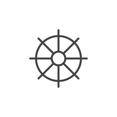 Gemi tekerlek, dümen satırı simgesi, Anahat vektör işareti üzerinde beyaz izole doğrusal stil piktogram. Sembol, logo illüstrasyon. Düzenlenebilir inme. Piksel mükemmel