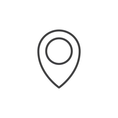 Harita işaretçi, PIN satırı simgesi, Anahat vektör işareti, üzerinde beyaz izole doğrusal stil piktogram. Sembol, logo illüstrasyon. Düzenlenebilir inme. Piksel mükemmel