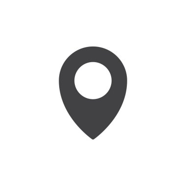 Harita işaretçi, PIN simge vektör, düz işareti, üzerinde beyaz izole katı piktogram dolu. Sembol, logo illüstrasyon. Piksel mükemmel