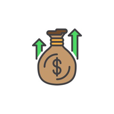 Para torba ya da çuval satırı simgesi, doldurulmuş Anahat vektör işareti, üzerinde beyaz izole doğrusal renkli sembol. Sembol, logo illüstrasyon