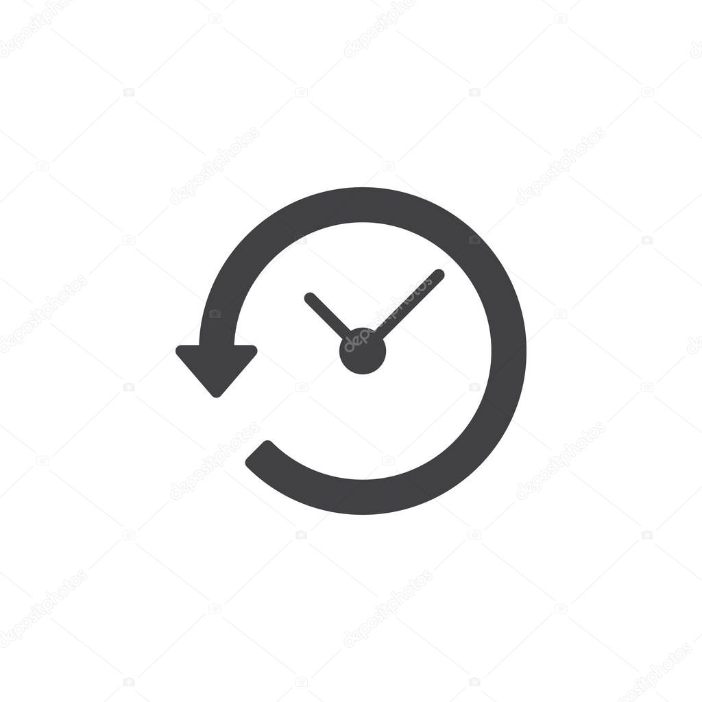 Clock with arrow around icon vector, filled flat sign, solid pictogram isolated on white. History symbol, logo illustration. Pixel perfect