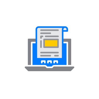 Belge, fatura simge vektör, ile dizüstü bilgisayar düz işareti, üzerinde beyaz izole katı renkli sembol dolu. Sembol, logo illüstrasyon