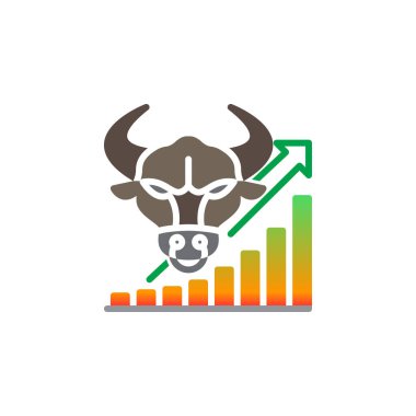 Borsa simge vektör gidiş düz işareti, üzerinde beyaz izole katı renkli sembol dolu. Boğa eğilim sembolü, logo illüstrasyon
