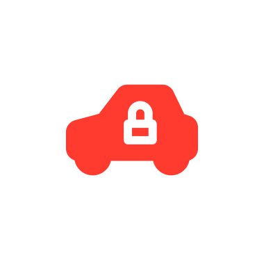 Basit simge vektör, araç ve kilit düz işareti, üzerinde beyaz izole katı renkli sembol dolu. Araba güvenlik sembolü, logo illüstrasyon