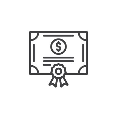 Hisse senedi paylaşım sertifika satırı simgesi, Anahat vektör işareti, doğrusal piktogram beyaz izole. Tahvil, menkul kıymetler sembolü, logo illüstrasyon