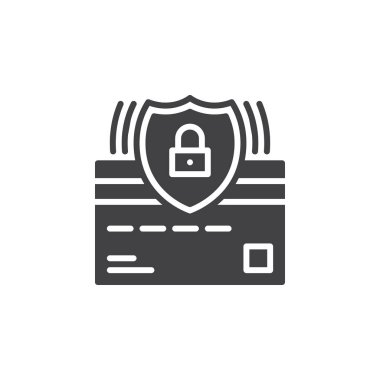 Kredi kartı ve koruma kalkanı simge vektör, dolu düz işareti, üzerinde beyaz izole katı piktogram. Güvenli ödeme sembolü, logo illüstrasyon