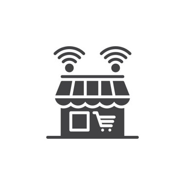 Online alışveriş simge vektör, düz işareti, üzerinde beyaz izole katı piktogram dolu. Sembol, logo illüstrasyon