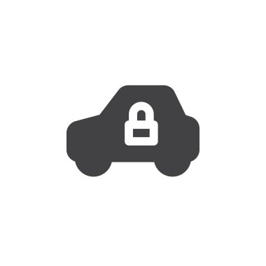 Basit simge vektör, araç ve kilit düz işareti, üzerinde beyaz izole katı piktogram dolu. Araba güvenlik sembolü, logo illüstrasyon