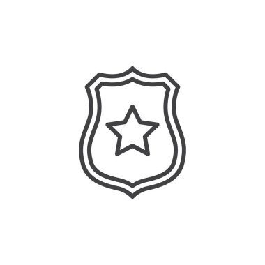 Şerif rozeti ile yıldız satırı simgesi, Anahat vektör işareti, doğrusal piktogram beyaz izole. Kamu güvenliği sembolü, logo illüstrasyon