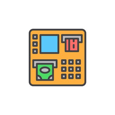 Para çekme satırı simgesi, doldurulmuş Anahat vektör işareti, üzerinde beyaz izole doğrusal renkli sembol. ATM sembolü, logo illüstrasyon