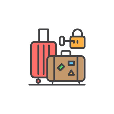 Bagaj, Bagaj depolama satırı simgesi, Anahat vektör işareti, üzerinde beyaz izole doğrusal renkli sembol dolu. Sembol, logo illüstrasyon