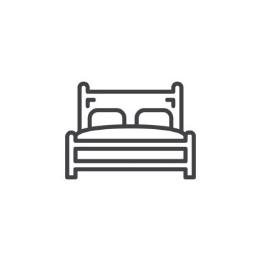 Çift Kişilik Yatak satırı simgesi, Anahat vektör işareti, doğrusal piktogram beyaz izole. Sembol, logo illüstrasyon