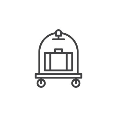 Bagaj, Bagaj arabası satır simgesi, Anahat vektör işareti, doğrusal piktogram beyaz izole. Otel sepeti sembolü, logo illüstrasyon