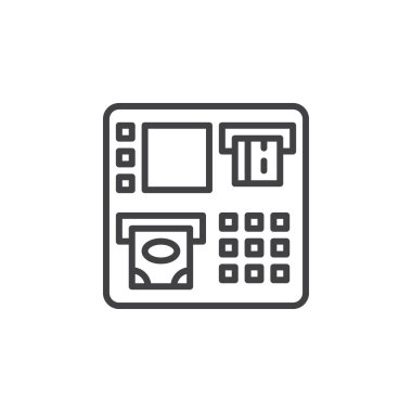 Para çekme satırı simgesi, Anahat vektör işareti, doğrusal piktogram beyaz izole. ATM sembolü, logo illüstrasyon