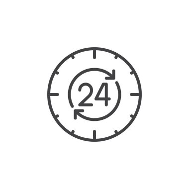 24 saat, saat satırı simgesi, Anahat vektör oturum, doğrusal piktogram beyaz izole. Sembol, logo illüstrasyon