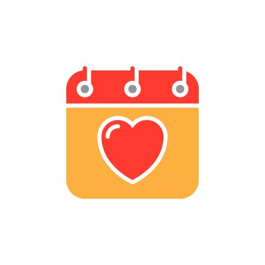 Kalp simge vektör, dolu düz işareti, üzerinde beyaz izole katı renkli sembol ile takvim. Sevgililer günü sembolü, logo illüstrasyon