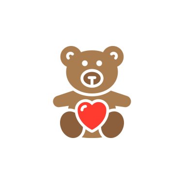 Oyuncak ayı yumuşak oyuncak kalp simge vektör ile düz işareti, üzerinde beyaz izole katı renkli sembol dolu. Sembol, logo illüstrasyon