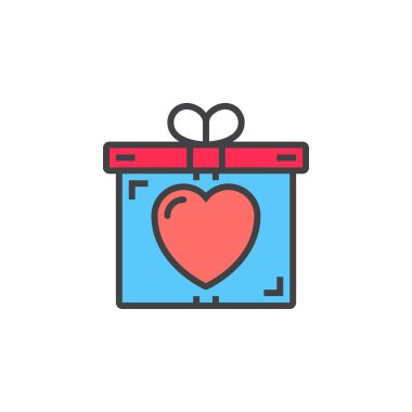 Hediye, hediye kutusu ile kalp satırı simgesi, Anahat vektör işareti, üzerinde beyaz izole doğrusal renkli sembol dolu. Sembol, logo illüstrasyon