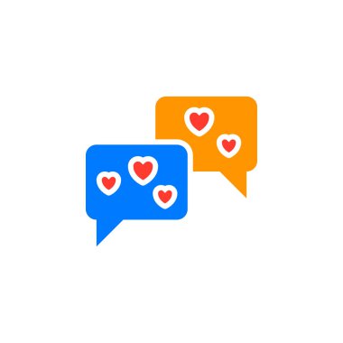 Konuşma balonları kalp simgesi olan vektör, dolu düz işareti, üzerinde beyaz izole katı renkli sembol. Aşk sohbet sembolü, logo illüstrasyon