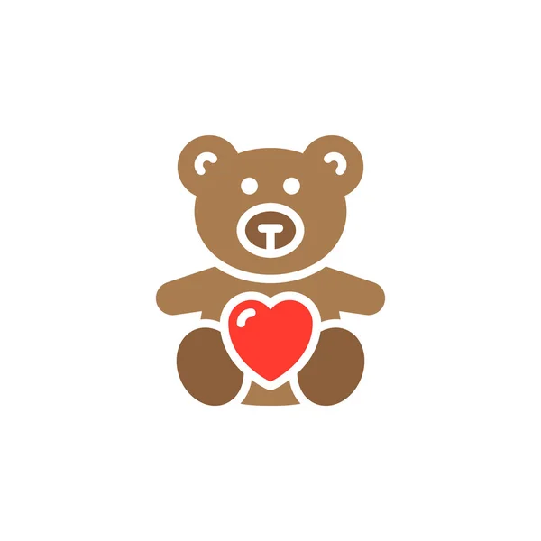 泰迪熊软玩具与心脏图标向量 填充扁平的标志 固体五颜六色的象形文字隔离在白色 徽标插图 — 图库矢量图片