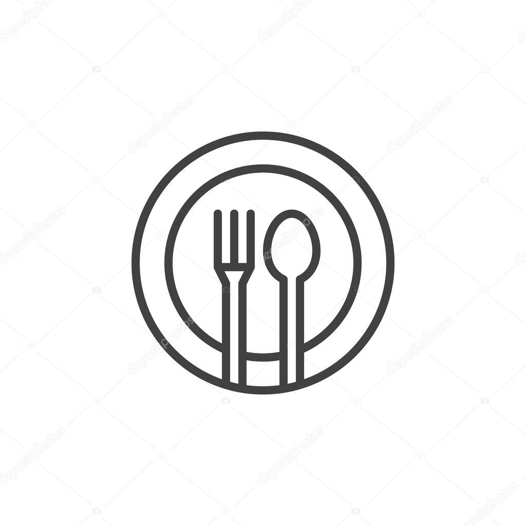 Fork, spoon, dish line icon, outline vector sign, linear pictogram isolated on white. Restaurant, food court symbol, logo illustration