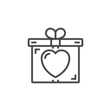 Kalp satırı simgesi mevcut, hediye kutusu, Anahat vektör işareti, doğrusal piktogram beyaz izole. Sembol, logo illüstrasyon