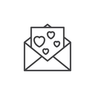 Aşk mesajı, kalpleri satırı simgesi, mektupla zarfla Anahat vektör işareti, doğrusal piktogram beyaz izole. Sembol, logo illüstrasyon