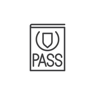 Pasaport, belge satırı simgesi, Anahat vektör işareti, doğrusal piktogram beyaz izole. Sembol, logo illüstrasyon