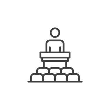 Hoparlör, konferans satır simgesi, Anahat vektör işareti, doğrusal piktogram beyaz izole. Podyum sembolü, logo illüstrasyon