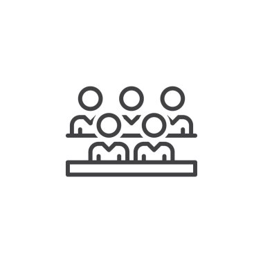 Grup insanlar satırı simgesi, Anahat vektör işareti, doğrusal piktogram beyaz izole. Seyirci sembolü, logo illüstrasyon