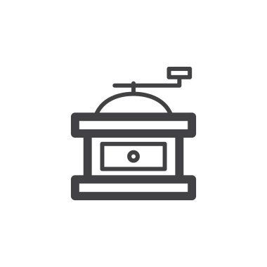 El ile el kahve değirmeni değirmeni satırı simgesi, Anahat vektör işareti, doğrusal piktogram beyaz izole. Sembol, logo illüstrasyon