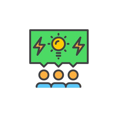 İnsanlar satırı simgesi beyin fırtınası, Anahat vektör işareti, üzerinde beyaz izole doğrusal renkli sembol dolu. Beyin fırtınası sembolü, logo illüstrasyon