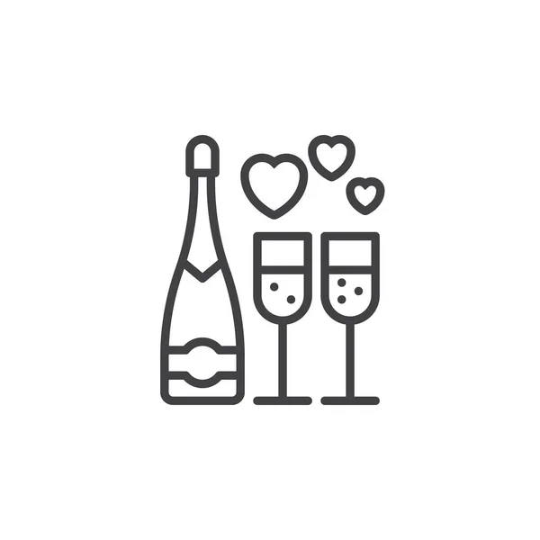 Vino Botella Champán Copa Vino Con Icono Línea Corazones Contorno — Vector de stock