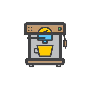 Otomatik kahve makinesi satırı simgesi, doldurulmuş Anahat vektör işareti, üzerinde beyaz izole doğrusal renkli sembol. Sembol, logo illüstrasyon