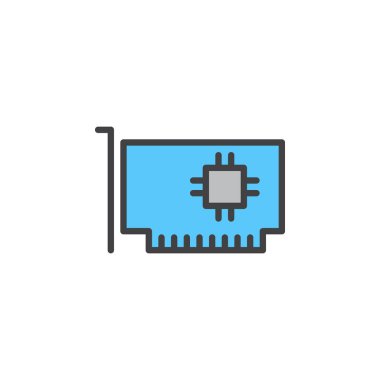 Bilgisayar parçaları, donanım satırı simgesi, Anahat vektör işareti, üzerinde beyaz izole doğrusal renkli sembol dolu. Genişletme kartı sembolü, logo illüstrasyon
