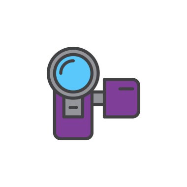 Video kamera, video kamera satırı simgesi, Anahat vektör işareti, üzerinde beyaz izole doğrusal renkli sembol dolu. Sembol, logo illüstrasyon