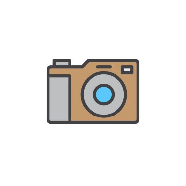 Fotoğraf kamera satırı simgesi, doldurulmuş Anahat vektör işareti, üzerinde beyaz izole doğrusal renkli sembol. Sembol, logo illüstrasyon