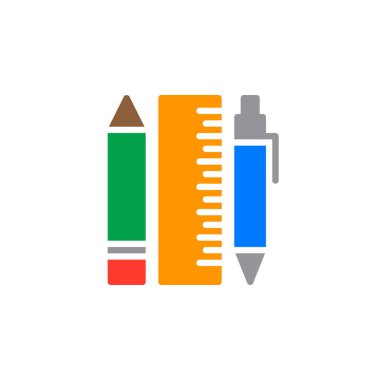 Simge vektör, kalem, kurşun kalem ve cetvel dolu düz işareti, üzerinde beyaz izole katı renkli sembol. İleti örneği sembolü, logo illüstrasyon