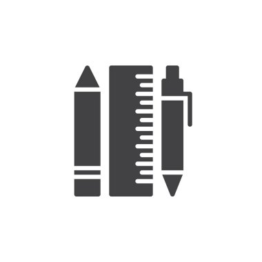 Kalem, kurşun kalem ve cetvel simge vektör, dolu düz işareti, üzerinde beyaz izole katı piktogram. İleti örneği sembolü, logo illüstrasyon