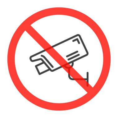 Güvenlik kamera çizgisi simgesinde yasağı kırmızı daire, gözetim yasak işareti yasak sembolü. Vektör çizim üzerinde beyaz izole