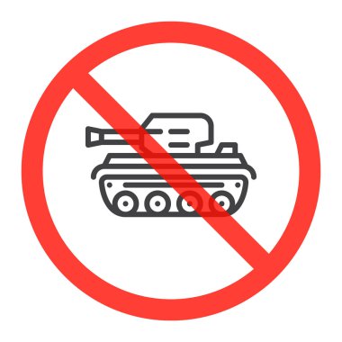 Tank çizgisi simgesinde yasağı kırmızı daire, savaş yasağı işareti yasak sembolü. Vektör çizim üzerinde beyaz izole