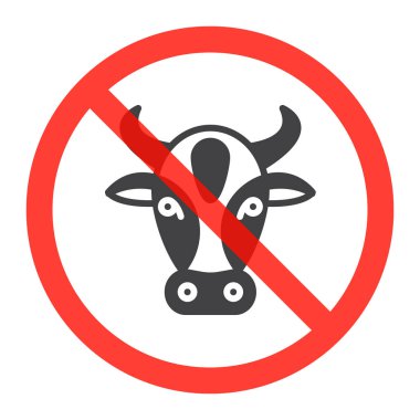 İnek yasağı kırmızı daire içinde baş simge, süt ve laktoz yasak işareti yasak sembolü. Vektör çizim üzerinde beyaz izole